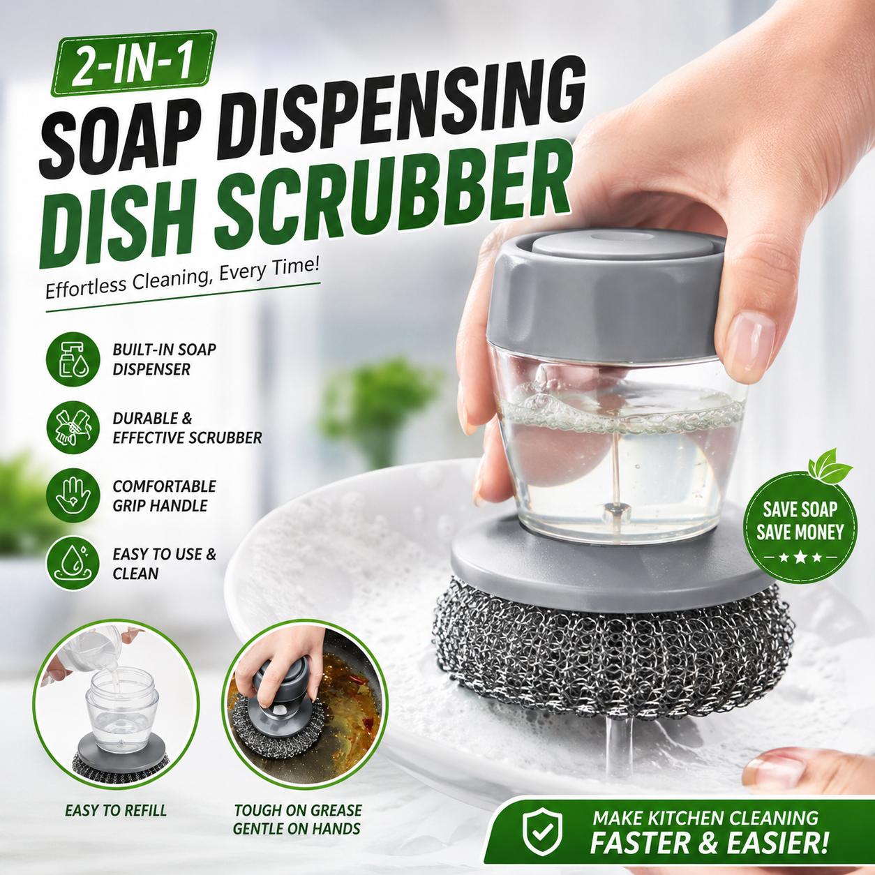 Buy 1 Get 1 FREE | Kitchen Dish Scrubber with Soap Dispenser | 2 Pcs